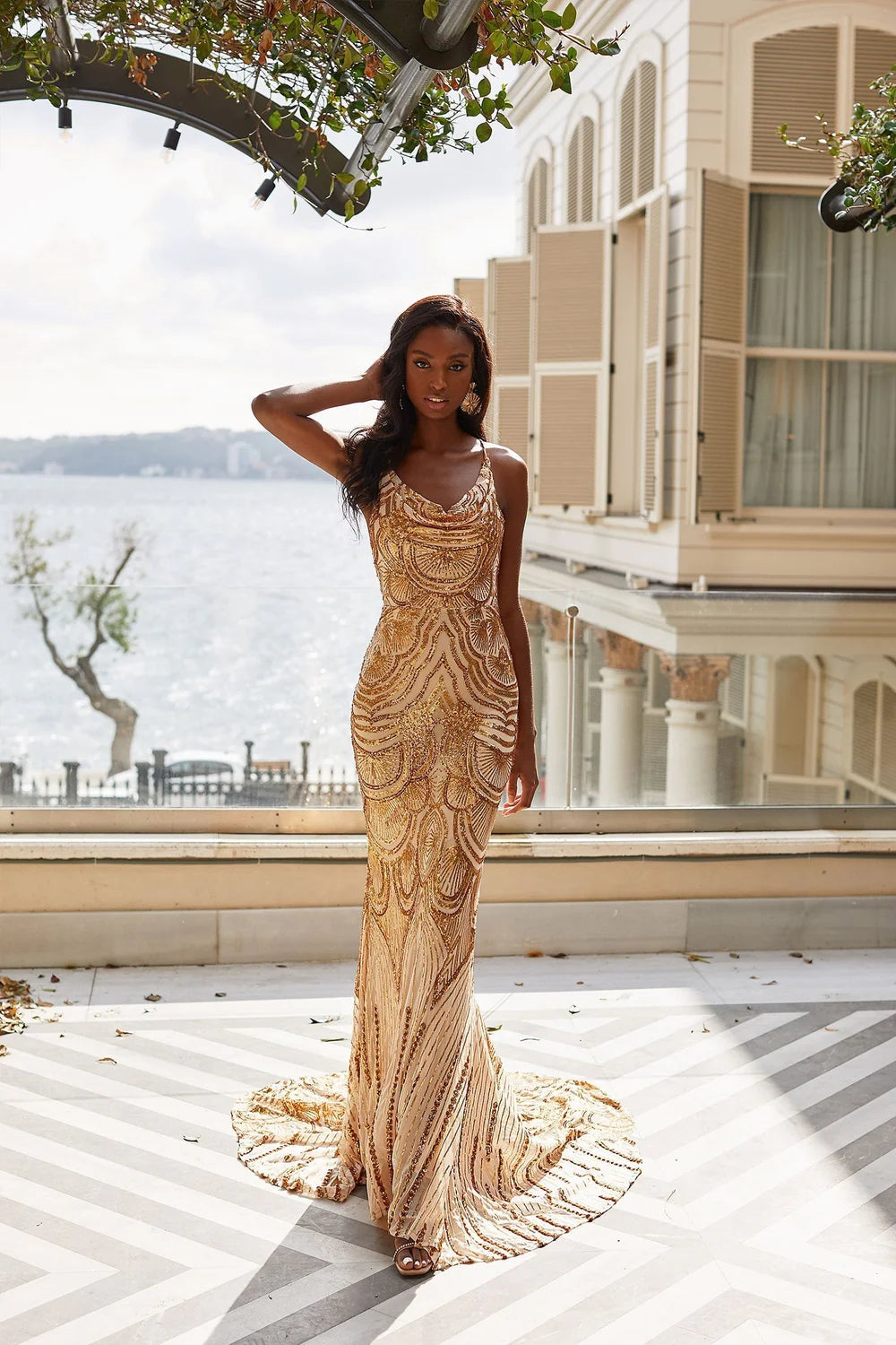 Alayna Cowl Neckline Mermaid Gown Gold